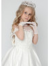 Short Sleeves Beaded Ivory Lace Satin Pearl Long Flower Girl Dress Princess Dress